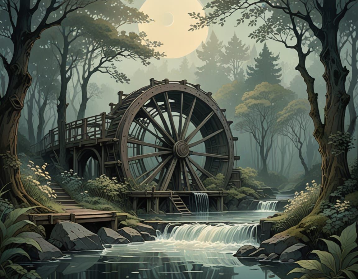 Serene Waterwheel in a Moonlit Forest