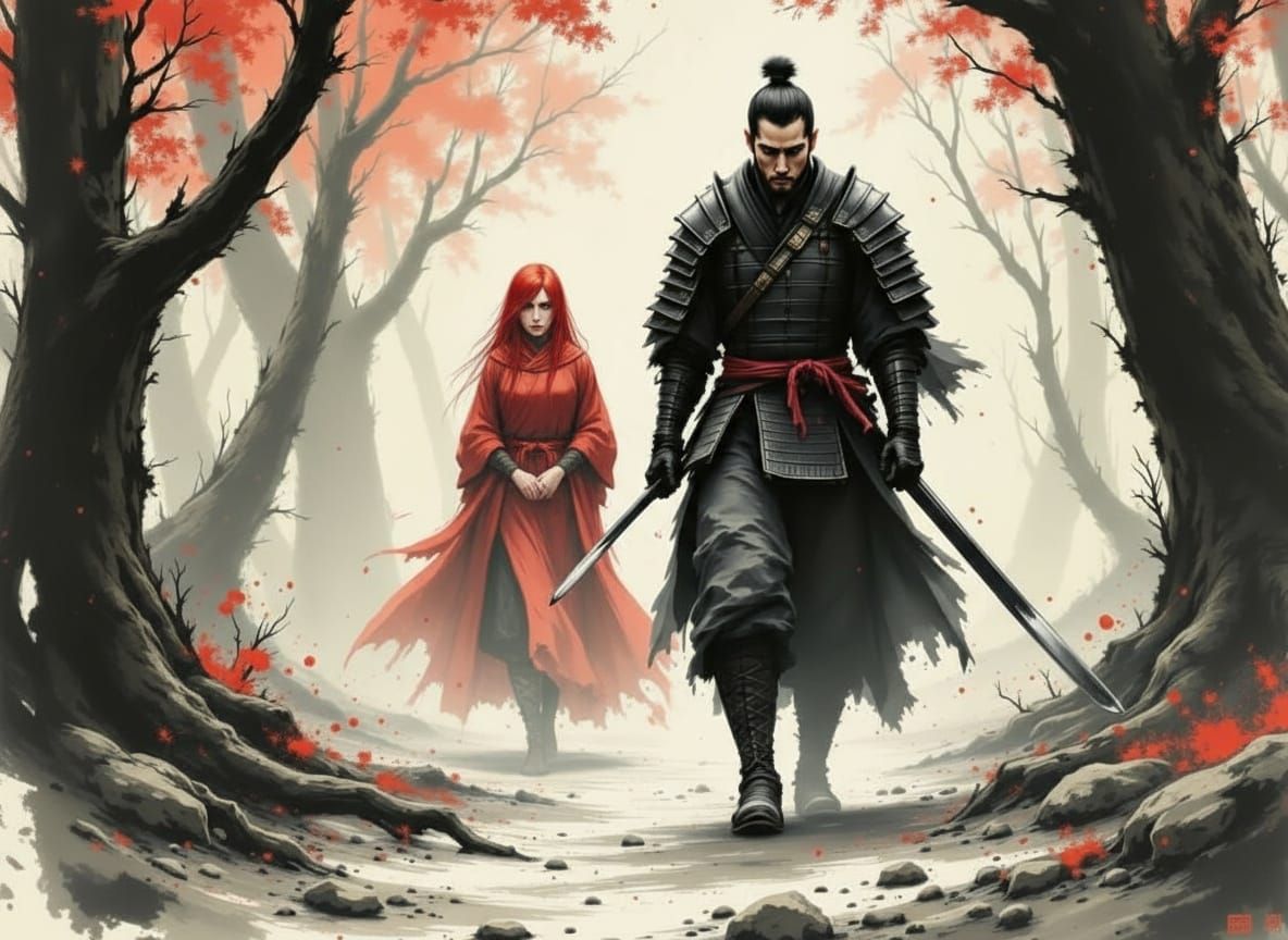 Ronin Warrior Tolerates Sorceress in Japanese Ink Brush Art