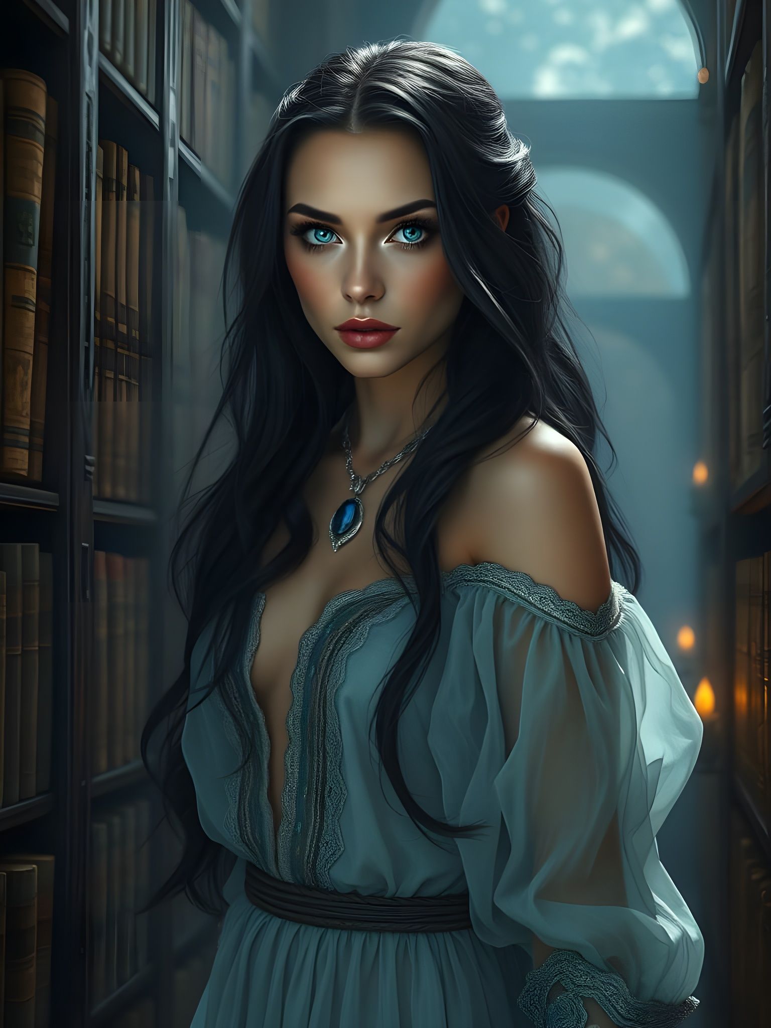 Norse Goddess Stands in Dark Library Shadows