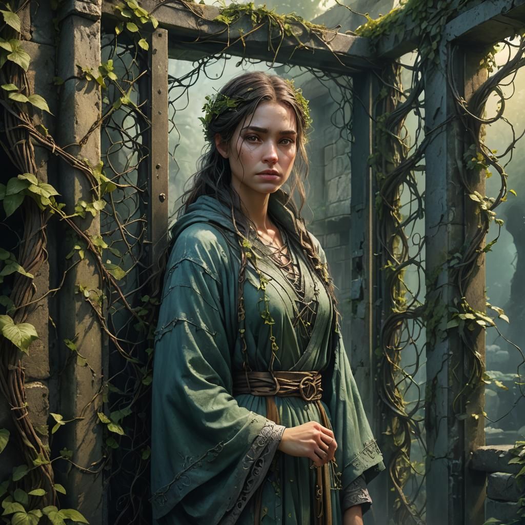 Fantasy Girl at Forest Jail Cell Door