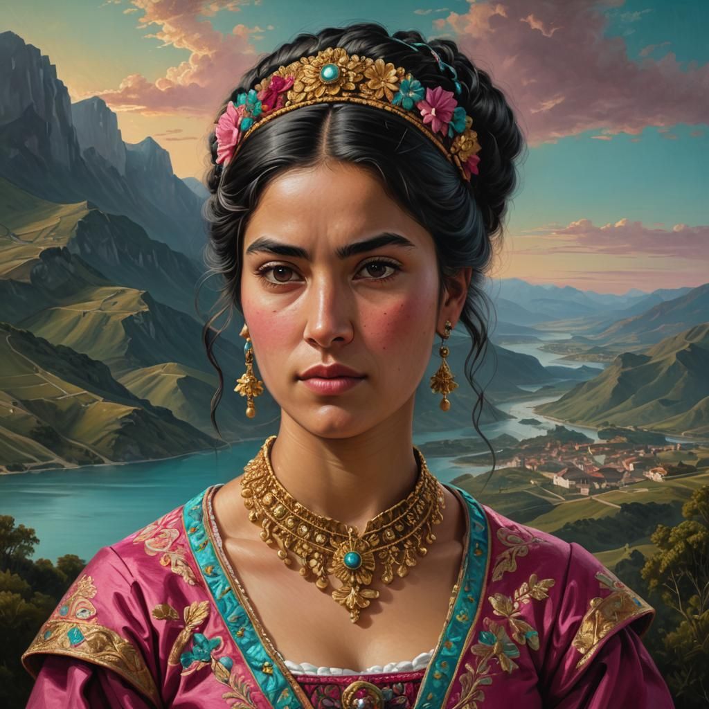 Portrait of Benigna Adriasola Martel in Dark Pink and Turquo...