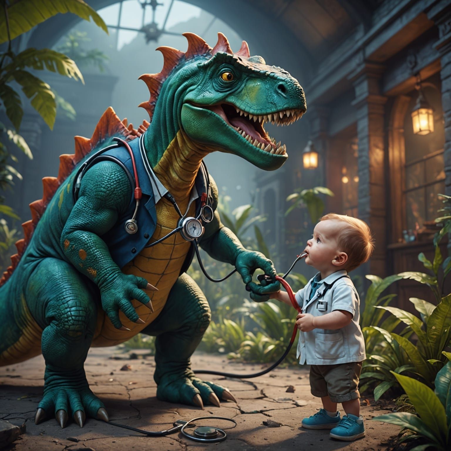 Dr. Dinosaur Saves a Choking Baby: Fantasy Art