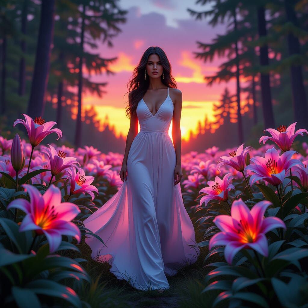 Luminescent Lilies and Flowing Dress in Magic Forest