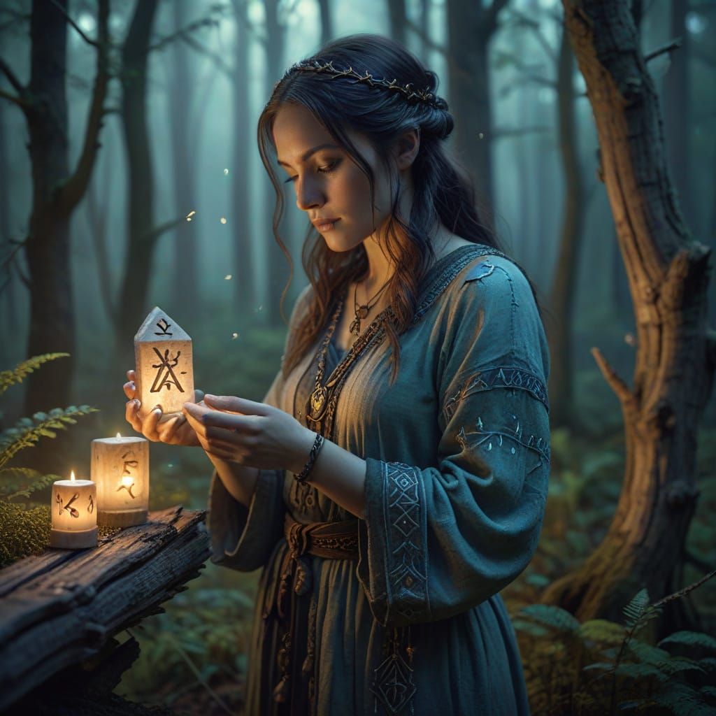 Woman with Glowing Runes in Mystical Forest