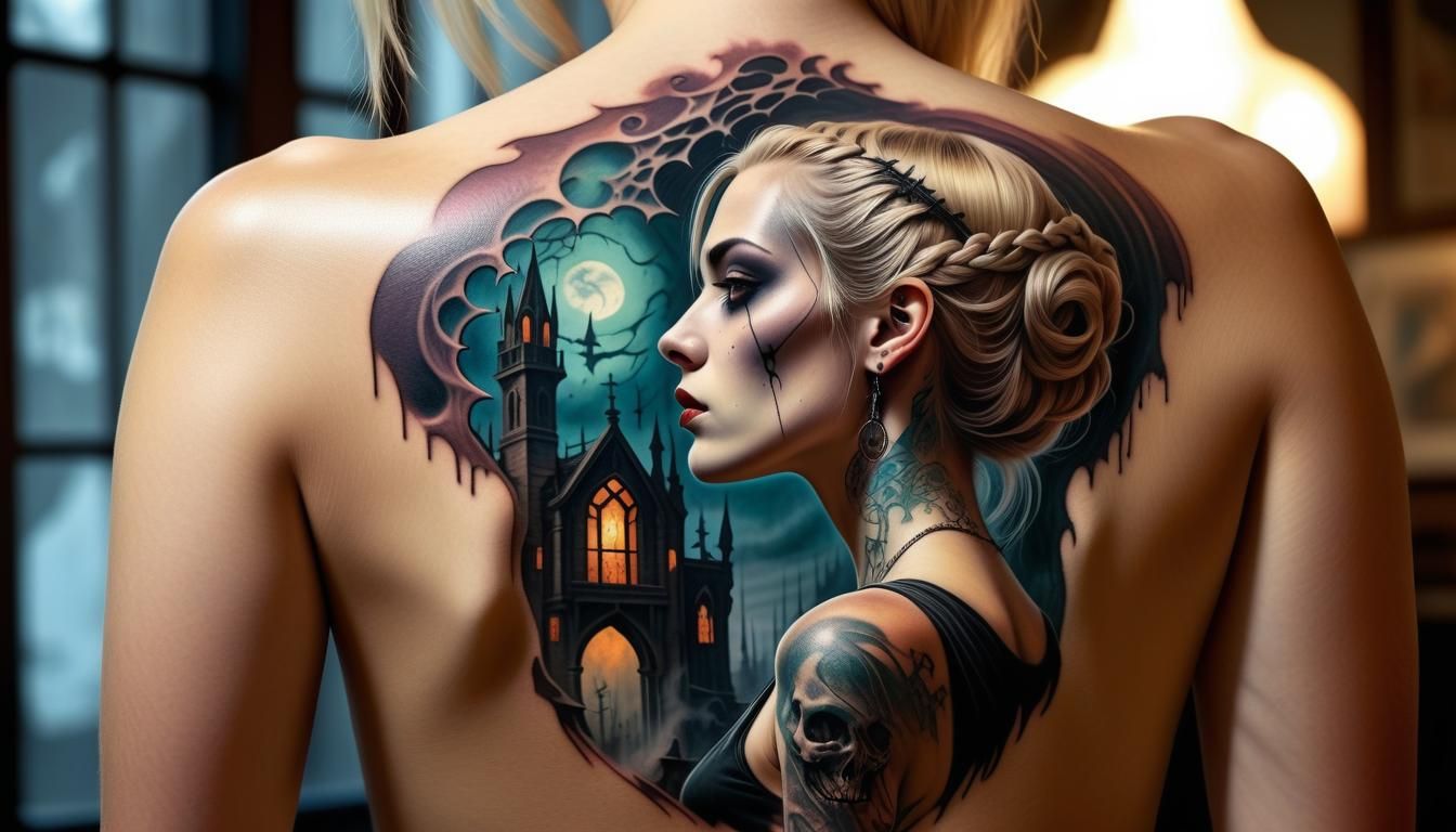 Gothic Horror Tattoo Art on Woman's Back