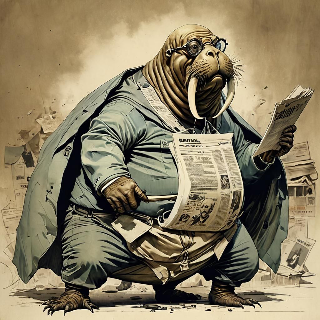 Walrus as Newspaper Reporter in Pen and Ink Style