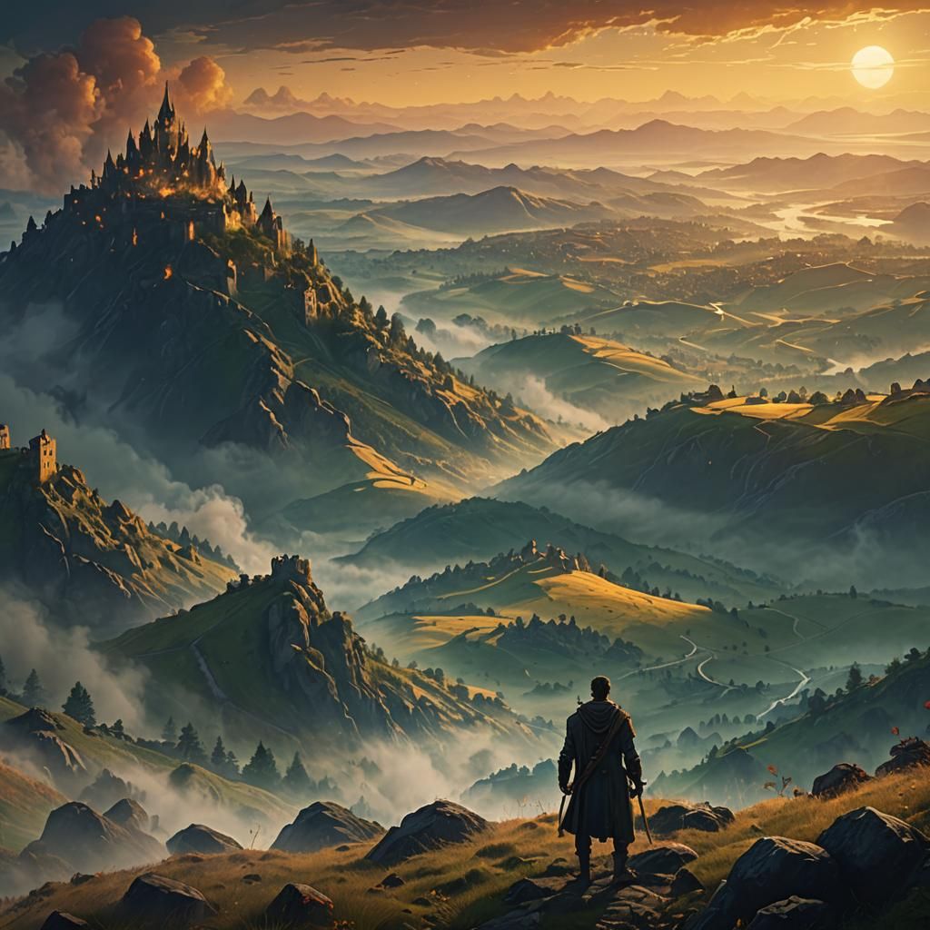 Fantasy Man on Hill at Sunset in Detailed Matte Painting