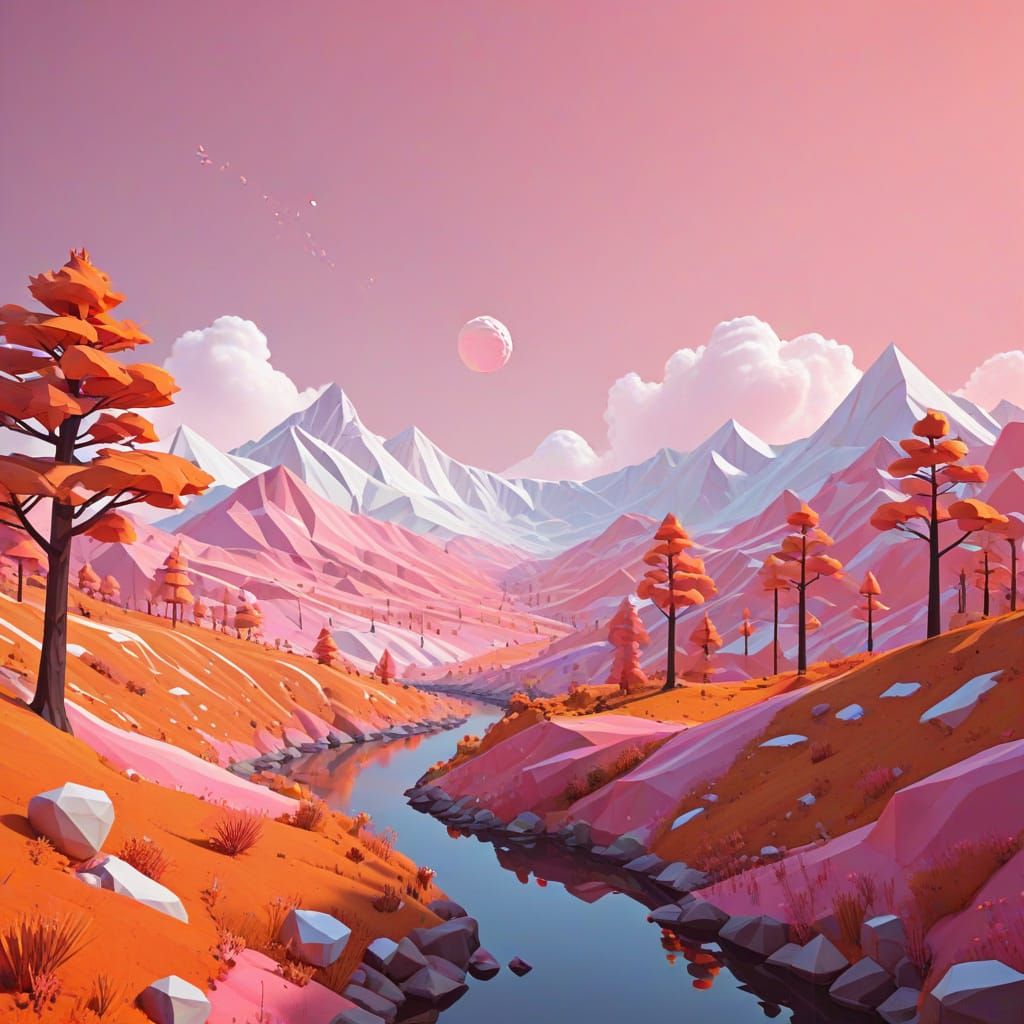A tangerine orange and cotton candy pink low-poly landscape.