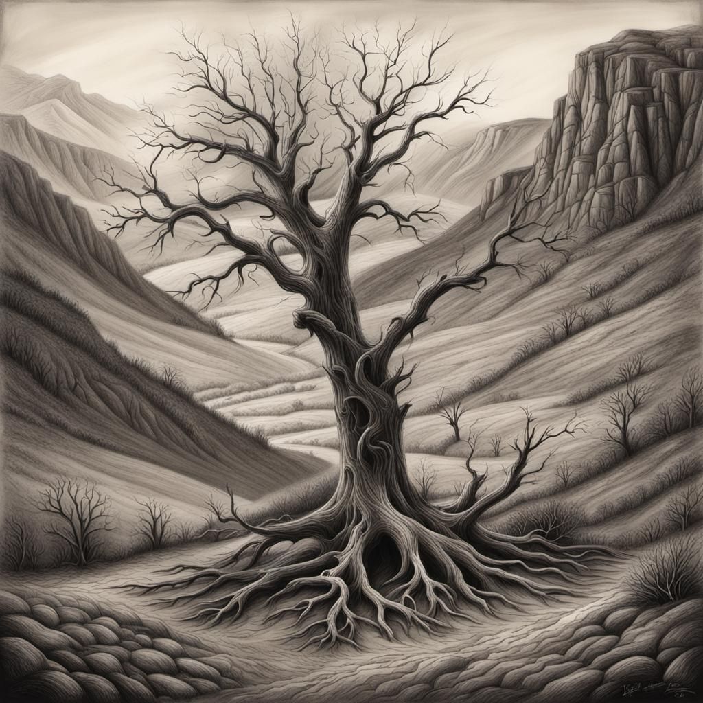 Detailed Charcoal Drawing of a Lone Dead Tree