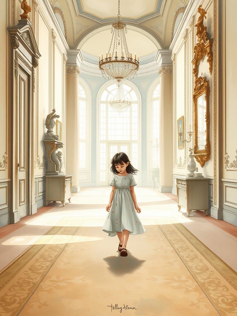 Young Girl Wandering through a Grand, Vacant Mansion in Wate...
