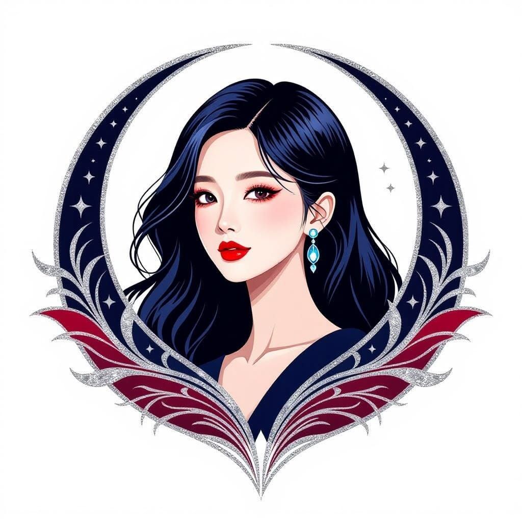 Elegant K-Pop Logo with Crescent Moon and Silver Filigree