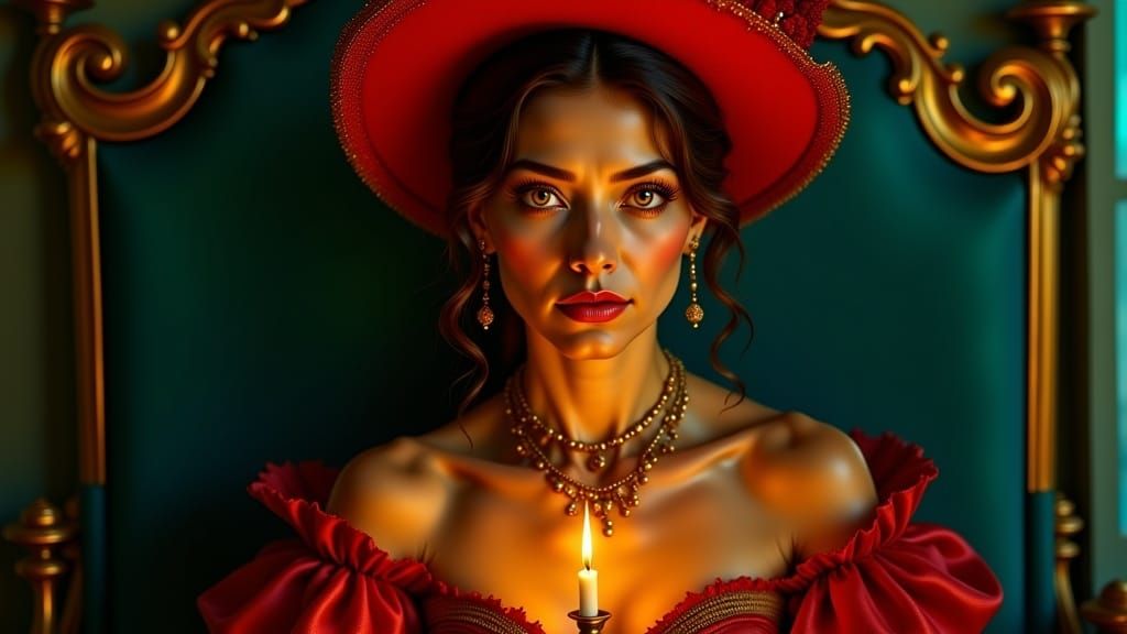 Elegant Colombian Woman in Red Hat, Rococo Painting