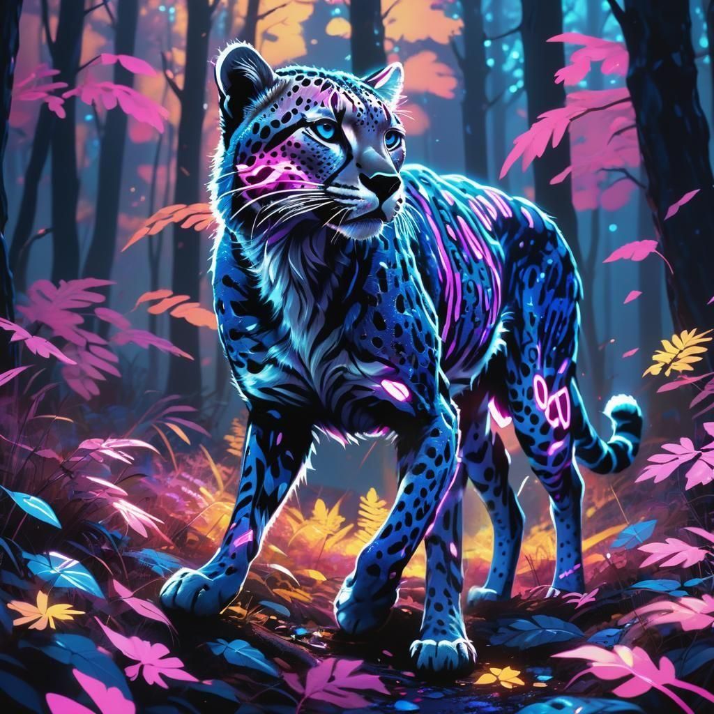 Neon Cheetah in Moonlit Forest: Synthwave Style