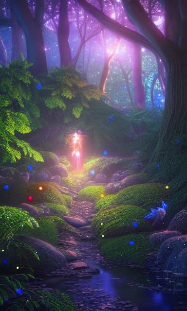Fairy Forest with Fireflies in Detailed Digital Art