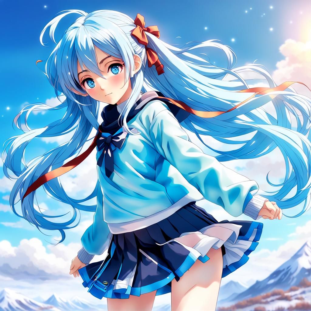 Anime Girl Portrait with Flowing Blue Hair