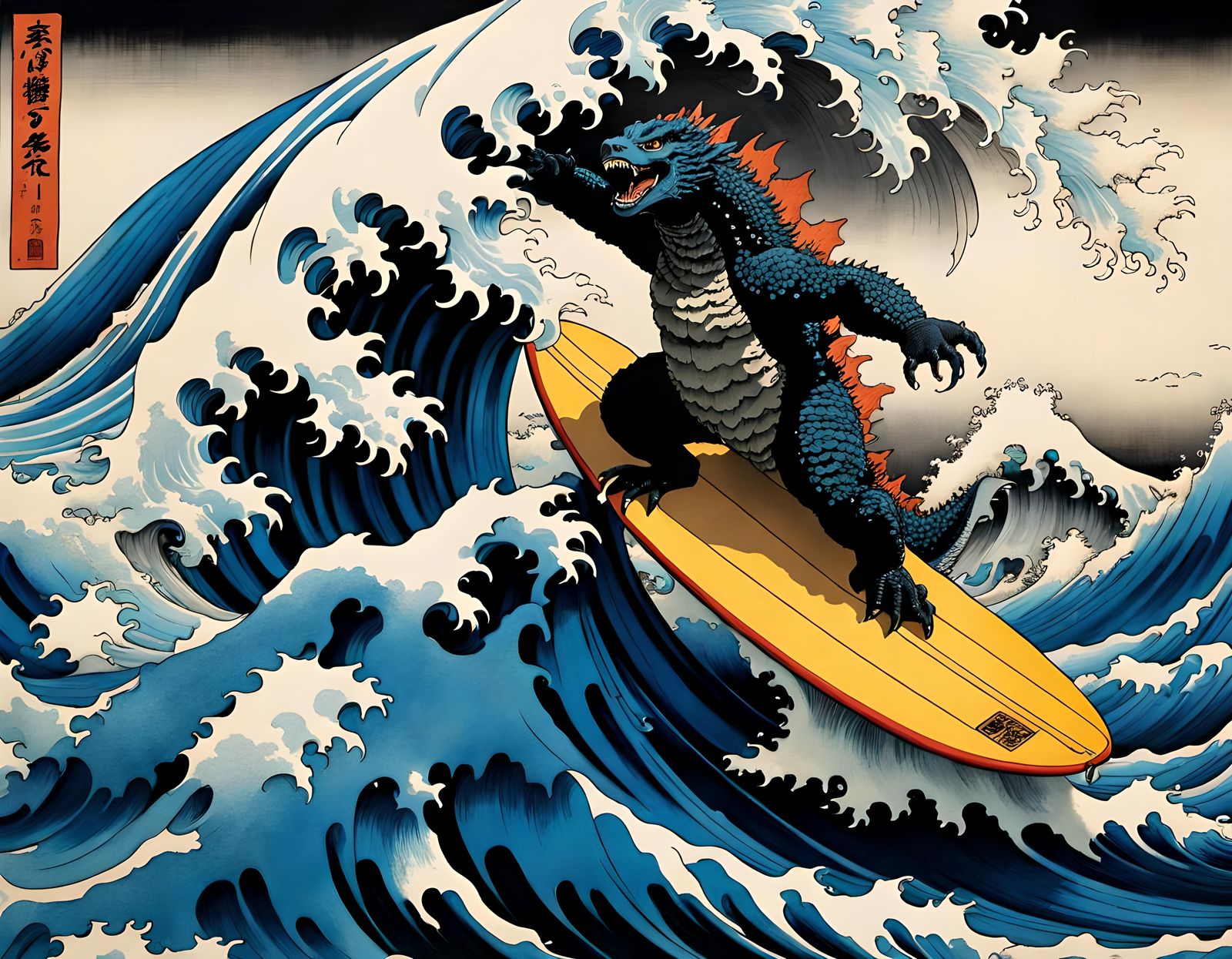 Godzilla Surfing the Great Wave: Hokusai Style