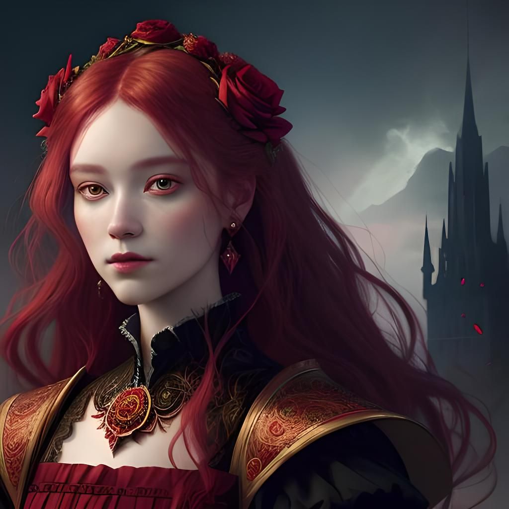 Elizabethan Woman with Mystical Rose, Detailed Matte Paintin...