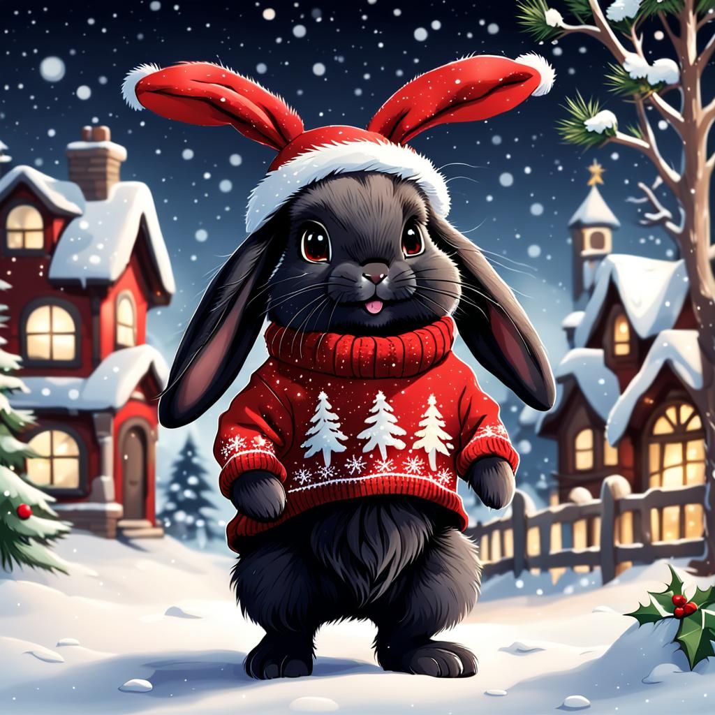 Smiling Black Bunny in Wintery Chibi Style