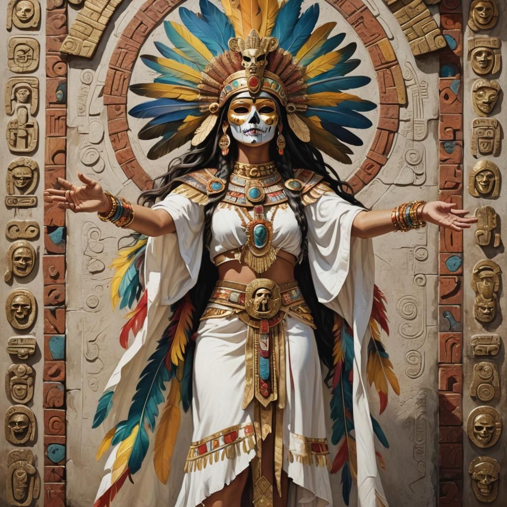 Coatlicue ancient Aztec Goddess, standing alone, arms raised, dressed in white robes with a golden skirt, colourful fea...