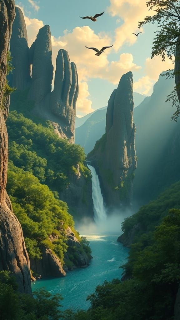 Dreamlike Stone Fingers in Emerald Landscape