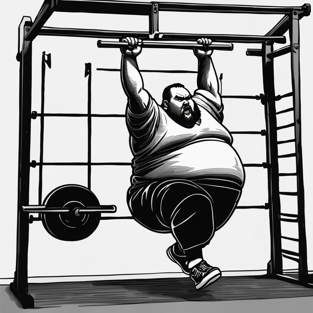Overweight Person Attempts a Pull-Up