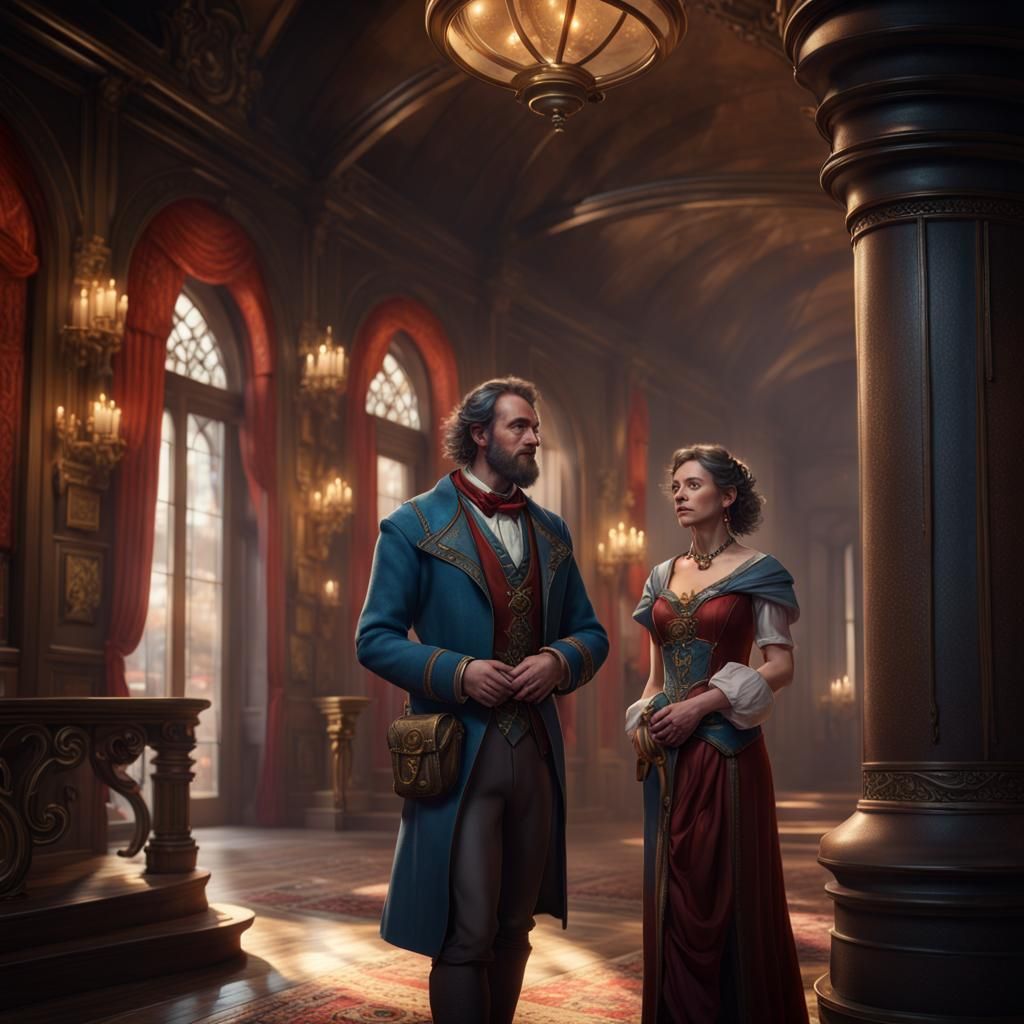 Wealthy Couple in Theatre Foyer, Fantasy Concept Art