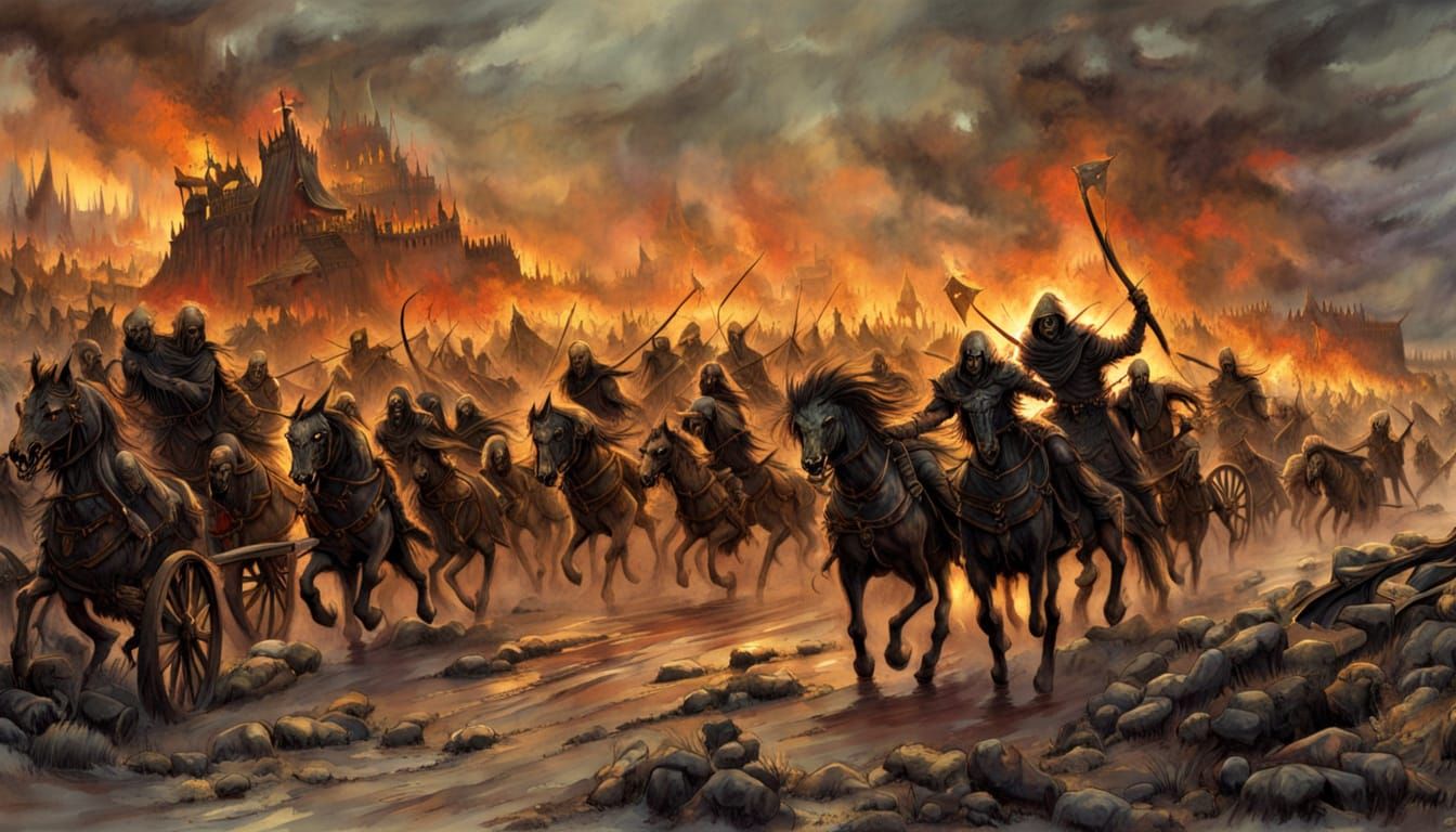 Watercolor Battle Scene: Goblins Attack Caravan at Dusk