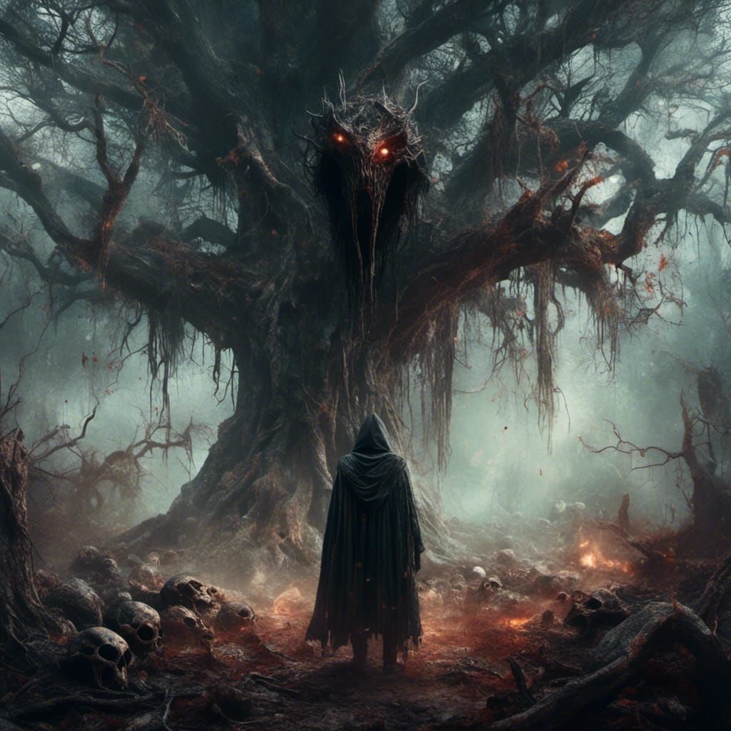 Macabre Warlock with Magical Energy and Tree of Eyes