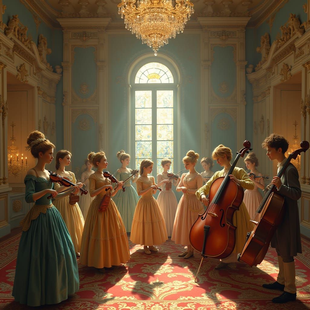 Mannequin Orchestra in a Grand Hall, Animated Style