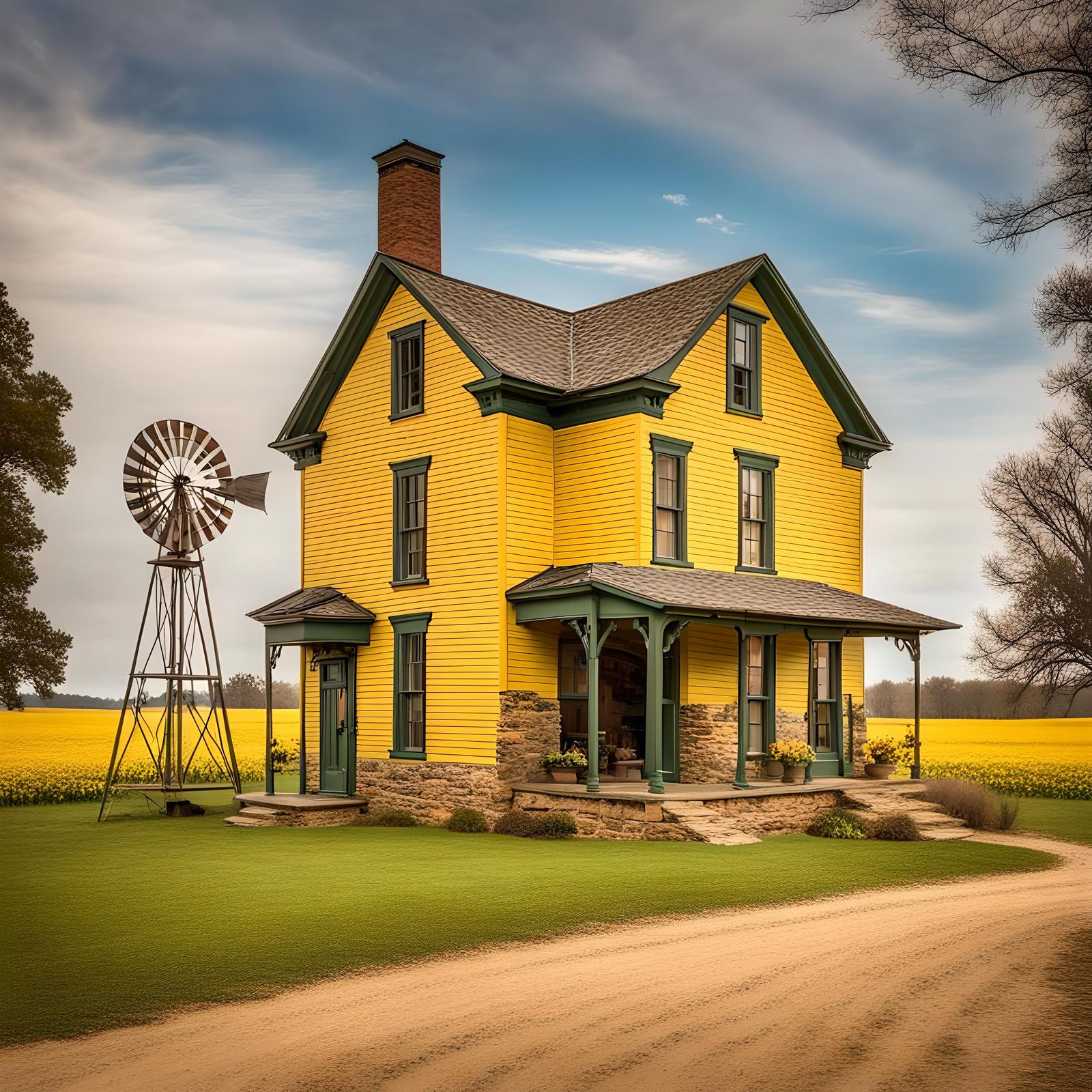 1850s Yellow Farmhouse with Barn and Windmill
