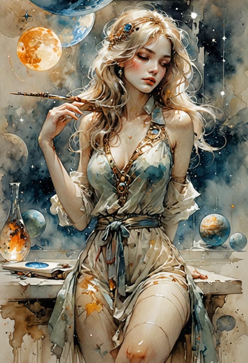 Girl on Crescent Moon, Watercolor Painting