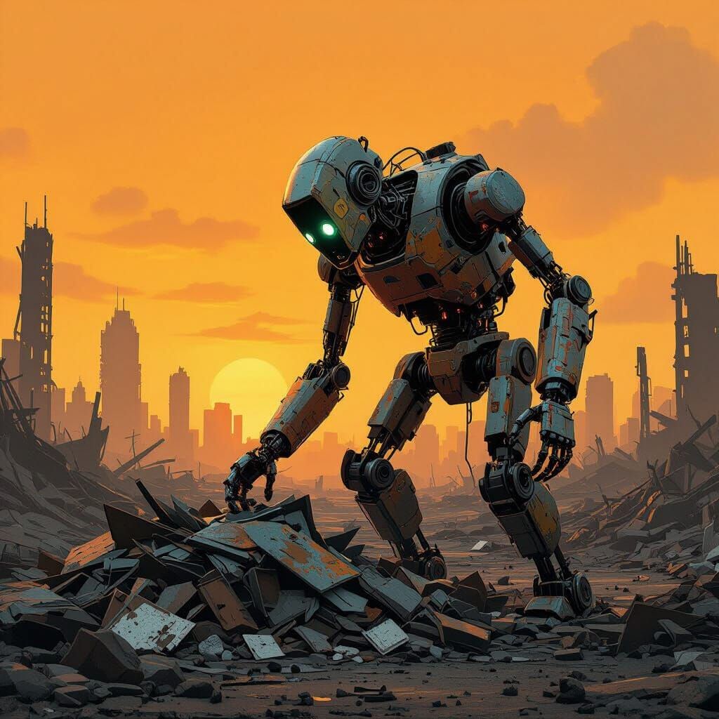 Rusted Robot Scavenging in Post-Apocalyptic Wasteland