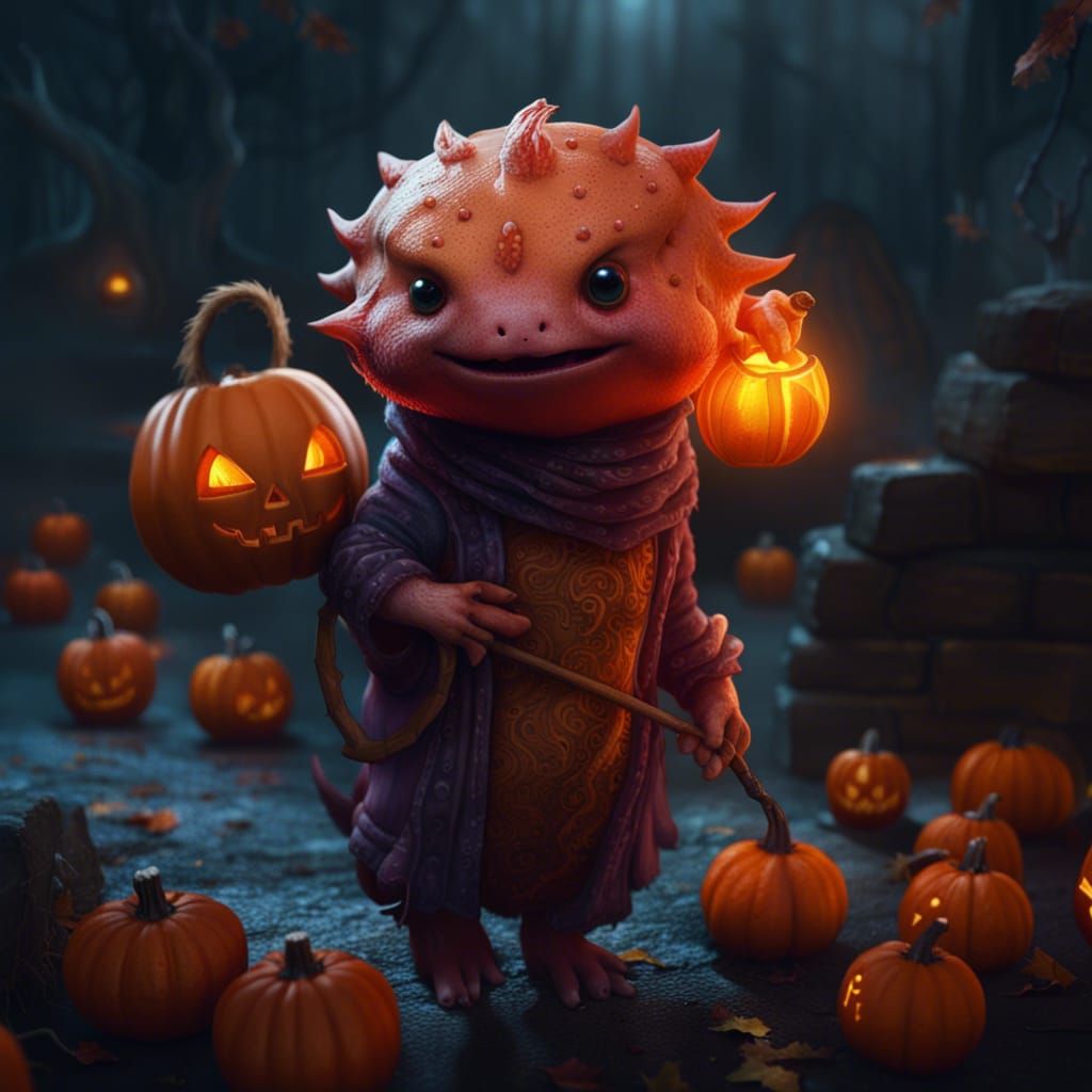 Ghostlike Axolotl Trick or Treating: Fantasy Concept Art