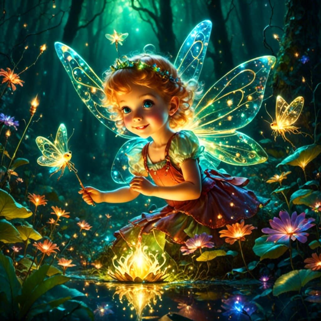 Enchanting Fairy in Magical Forest with Fireflies