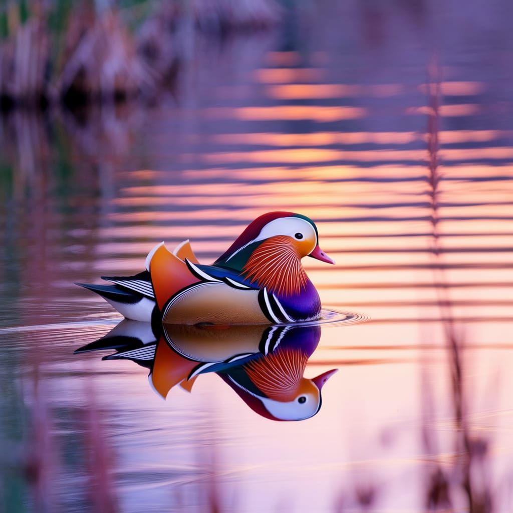 Vibrant Mandarin Duck in Twilight Reflections