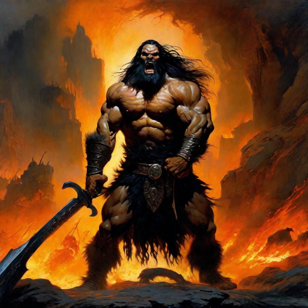 Frazetta-Style Barbarian Warrior on Flaming Battlefield