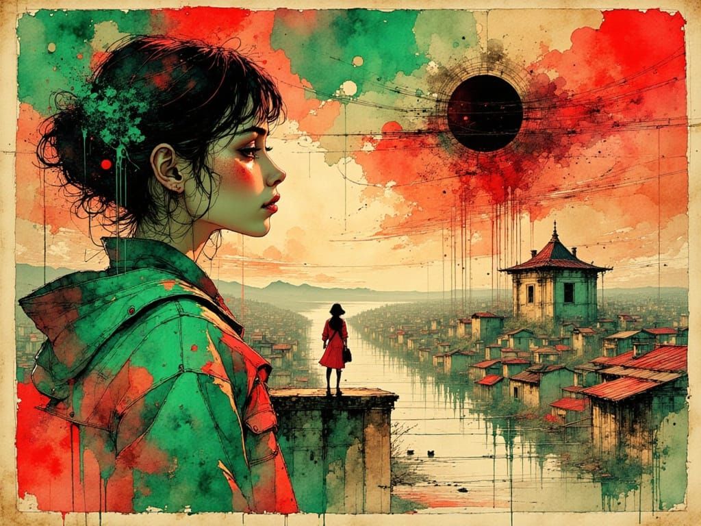 Woman Chasing Dream in Vibrant Ink Illustration