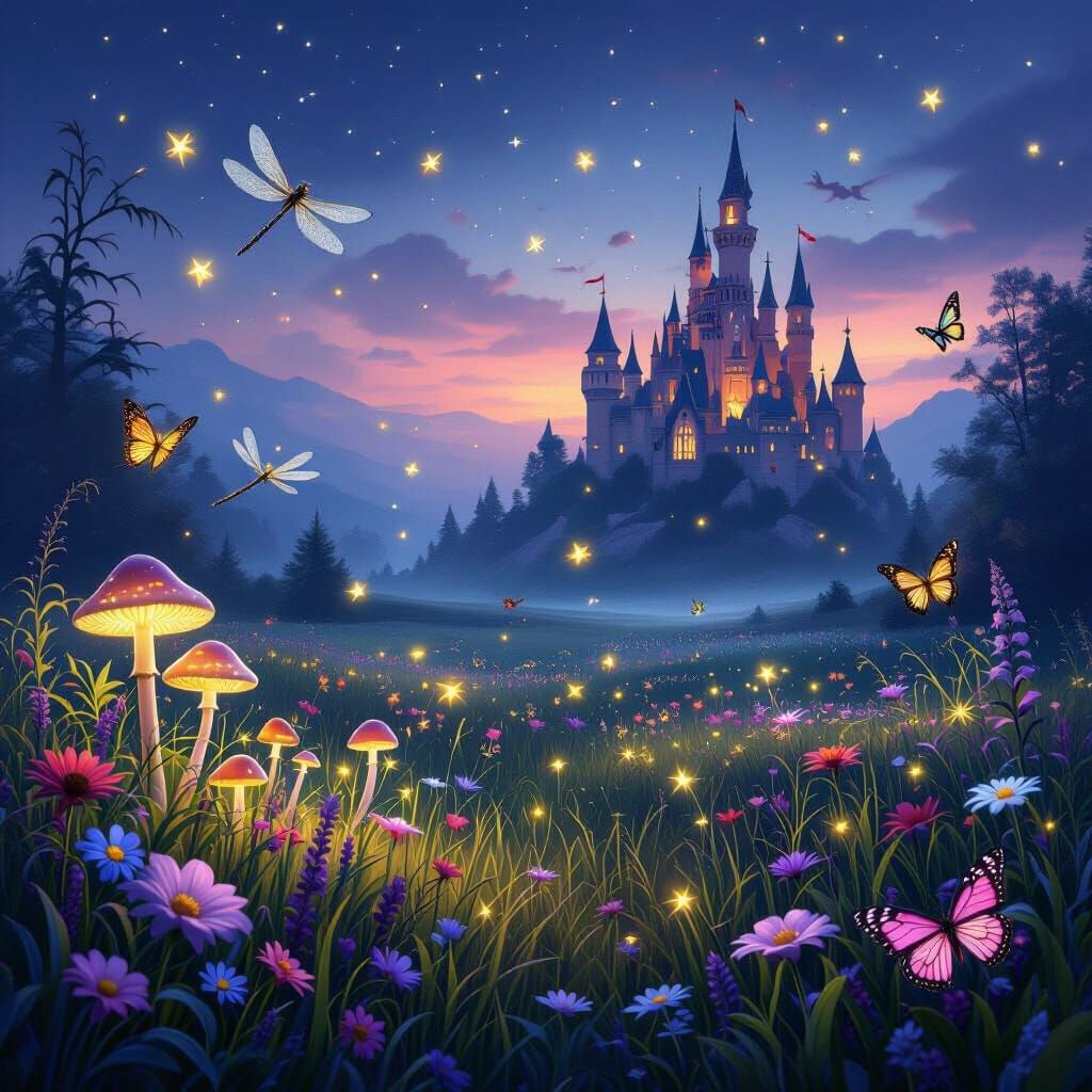 Mystical Meadow with Castle at Dusk