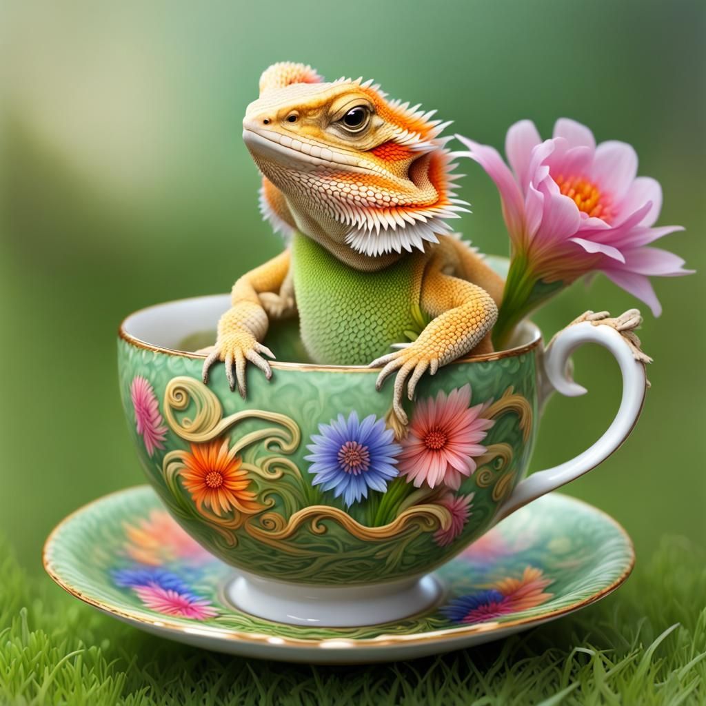 insanely cute, adorable, cuddly bearded dragon in a teacup, teacup with intricate flower design , 8 k resolution, trendi...