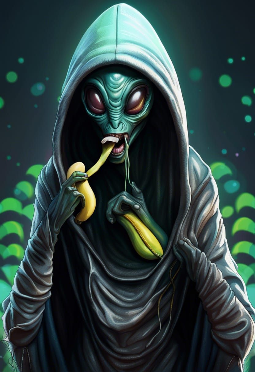 Happy Hoodie Alien Enjoys Banana in Hyperrealistic Splash Ar...