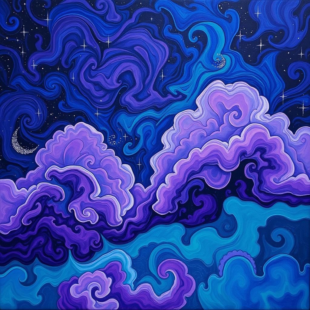 Surreal Starry Night Sky with Swirling Clouds