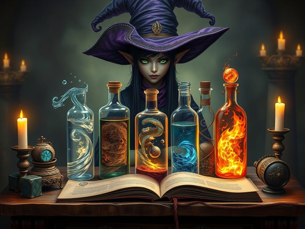 Elegant Elf Alchemist Conjures Elemental Forces