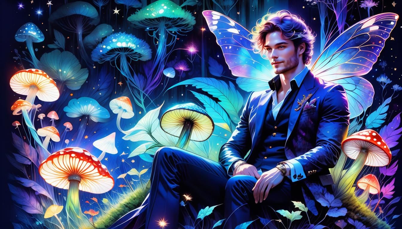 Fairy Prince on Bioluminescent Mushroom in Dark Forest