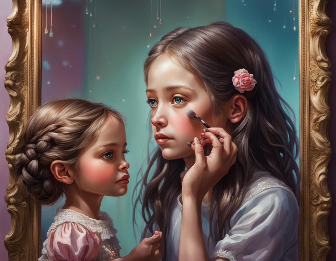 Woman, Mirror, and Girl with Doll: Hyperrealistic Splash Art