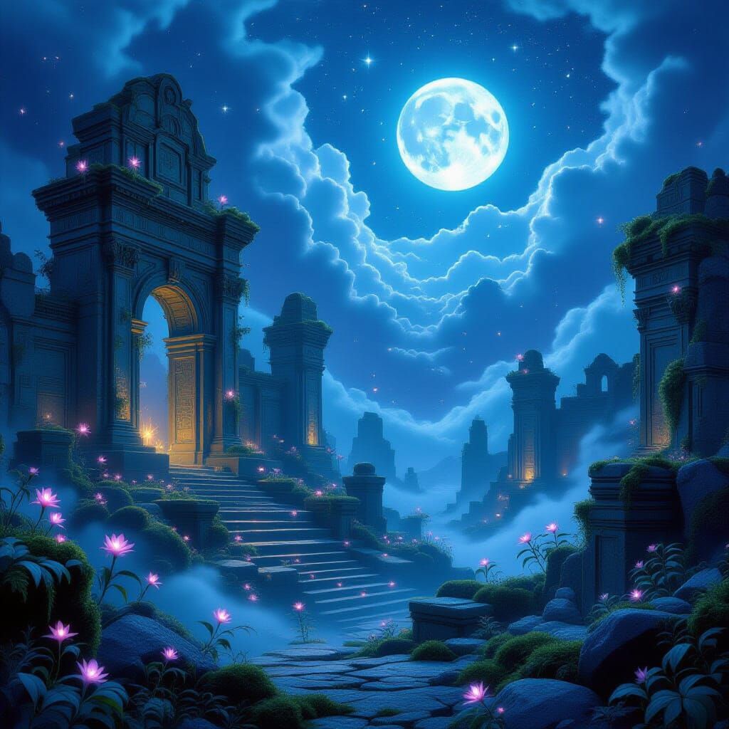 Mystic Realm Ethereal Landscape with Glowing Flora and Ruins