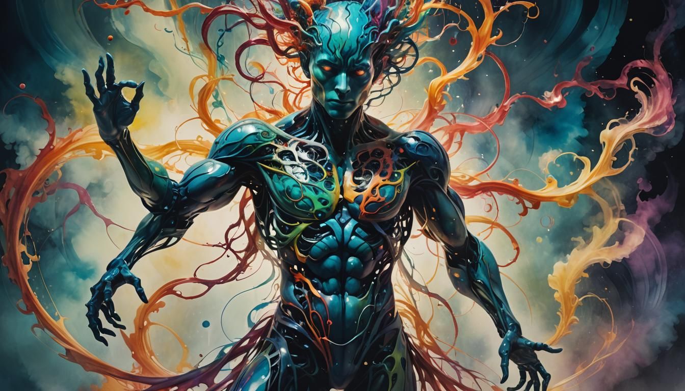 Surreal Morphing Humanoid in Dreamlike Double Exposure