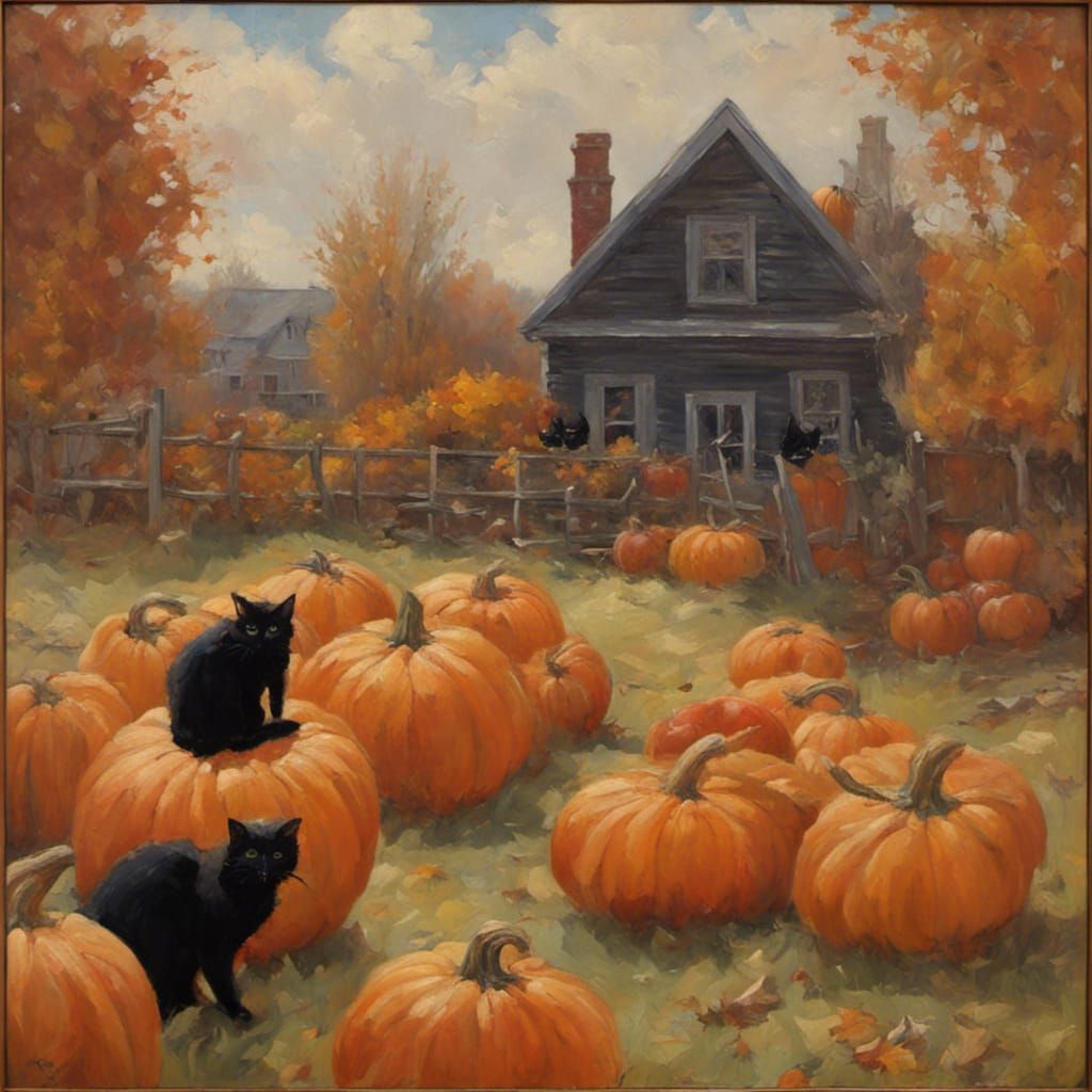 Autumn Scene with Pumpkins and Black Cats as Oil Painting