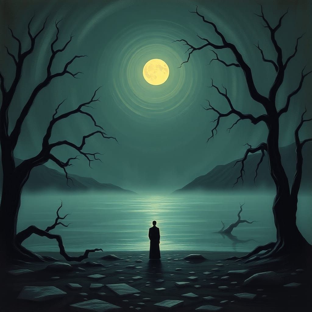 Moonlit Lake Scene Inspired by Expressionist Masters