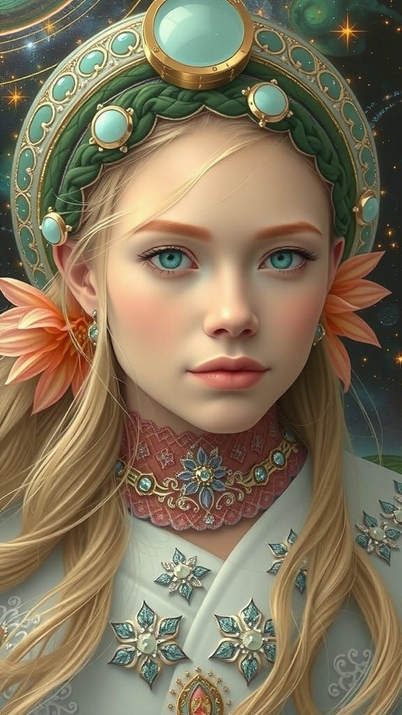 Ethereal Nordic Goddess Shines in Cosmic Rainbow