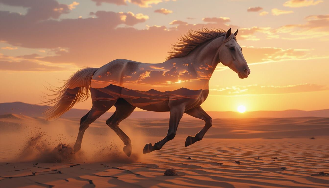 Wild Horse Made of Sand Dunes Galloping at Sunset